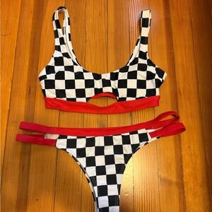 Checkered Bikini Set with Red Accents